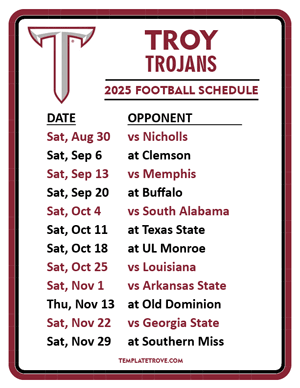 Troy Trojans Football 2025
 Printable Schedule