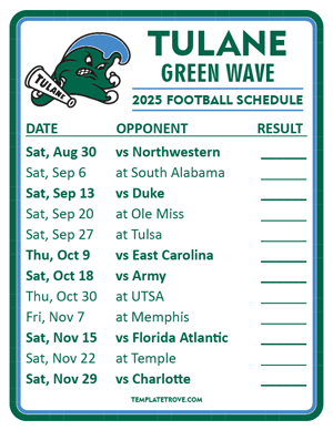 Tulane Green Wave Football 2025
 Printable Schedule  - Style 2