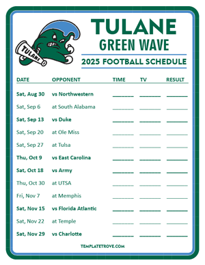 Tulane Green Wave Football 2025
 Printable Schedule - Style 3