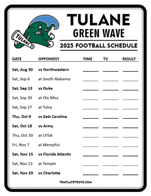 Tulane Green Wave Football 2025
 Printable Schedule - Style 4