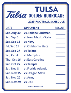 Tulsa Golden Hurricane Football 2025
 Printable Schedule  - Style 2