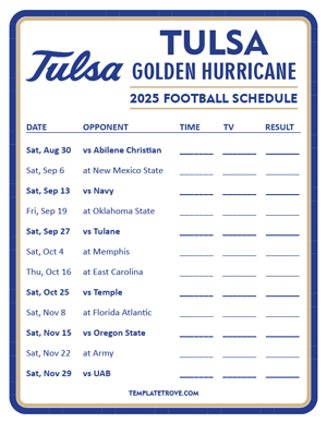 Tulsa Golden Hurricane Football 2025
 Printable Schedule - Style 3