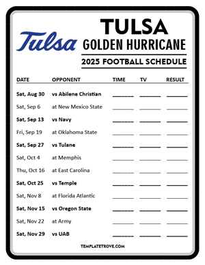 Tulsa Golden Hurricane Football 2025
 Printable Schedule - Style 4
