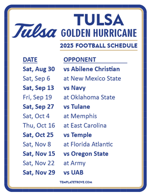 Tulsa Golden Hurricane Football 2025
 Printable Schedule