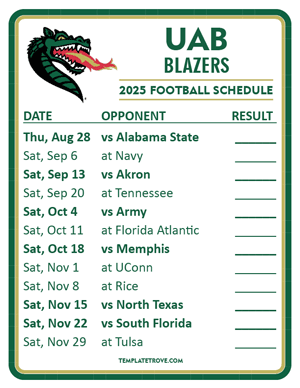 UAB Blazers
 Football 2025
 Printable Schedule  - Style 2