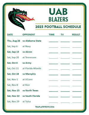 UAB Blazers
 Football 2025
 Printable Schedule - Style 3