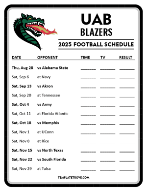 UAB Blazers
 Football 2025
 Printable Schedule - Style 4