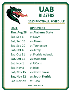 UAB Blazers
 Football 2025
 Printable Schedule