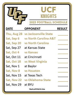 UCF Knights Football 2025
 Printable Schedule  - Style 2