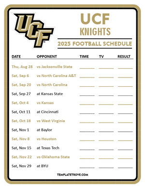 UCF Knights Football 2025
 Printable Schedule - Style 3