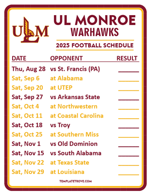 UL Monroe Warhawks Football 2025
 Printable Schedule  - Style 2