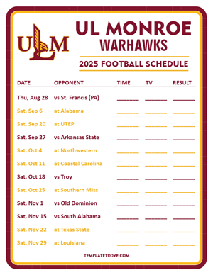 UL Monroe Warhawks Football 2025
 Printable Schedule - Style 3