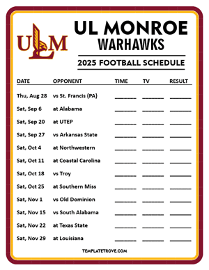 UL Monroe Warhawks Football 2025
 Printable Schedule - Style 4