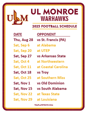 UL Monroe Warhawks Football 2025
 Printable Schedule
