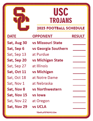 USC Trojans Football 2025
 Printable Schedule  - Style 2
