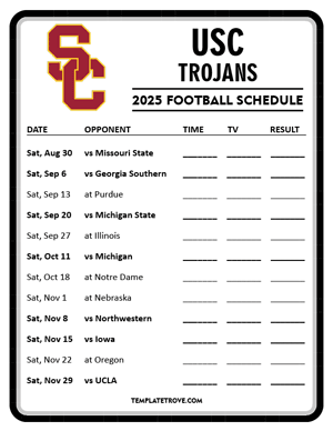 USC Trojans Football 2025
 Printable Schedule - Style 4