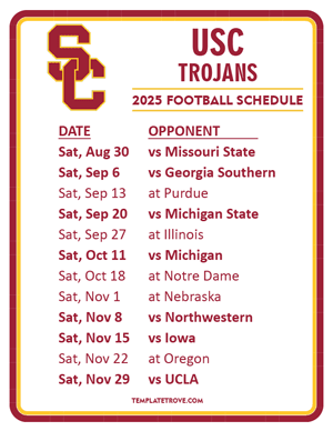 USC Trojans Football 2025
 Printable Schedule