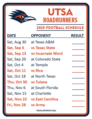 UTSA Roadrunners

 Football 2025
 Printable Schedule  - Style 2