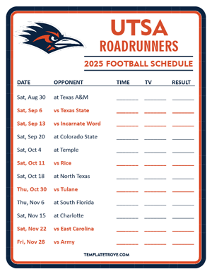 UTSA Roadrunners

 Football 2025
 Printable Schedule - Style 3