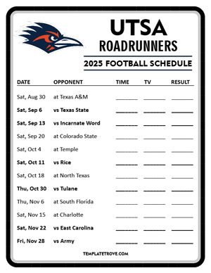 UTSA Roadrunners

 Football 2025
 Printable Schedule - Style 4