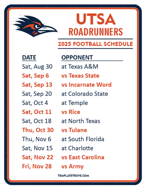 UTSA Roadrunners

 Football 2025
 Printable Schedule