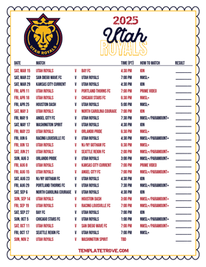 Utah Royals 2025
 Printable Soccer Schedule - Pacific Times