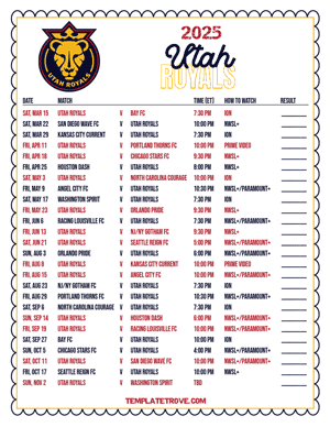 Utah Royals 2025
 Printable Soccer Schedule