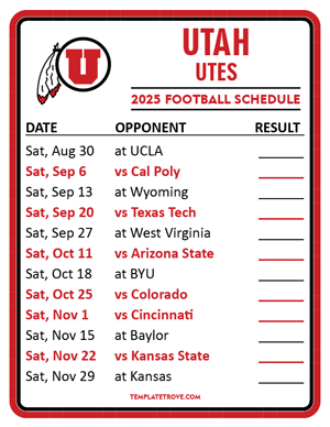 Utah Utes Football 2025
 Printable Schedule  - Style 2