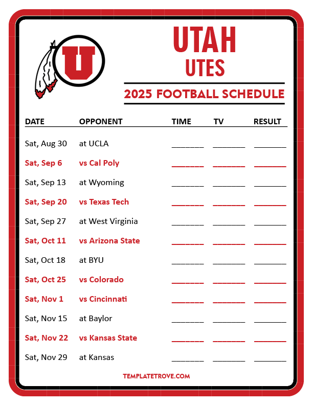 Printable 2025 Utah Utes Football Schedule