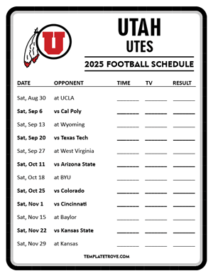 Utah Utes Football 2025
 Printable Schedule - Style 4
