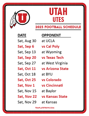 Utah Utes Football 2025
 Printable Schedule