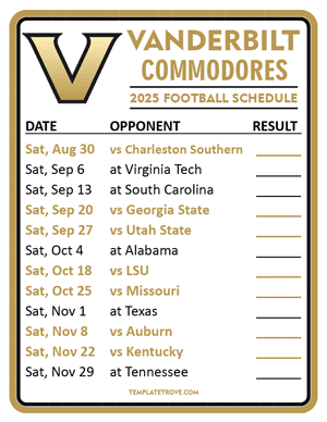 Vanderbilt Commodores Football 2025
 Printable Schedule  - Style 2
