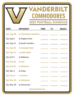 Vanderbilt Commodores Football 2025
 Printable Schedule - Style 3
