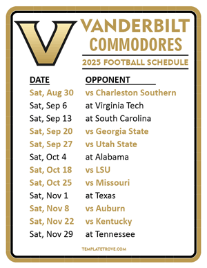 Vanderbilt Commodores Football 2025
 Printable Schedule