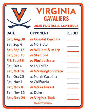 Virginia Cavaliers Football 2025
 Printable Schedule  - Style 2