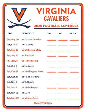 Virginia Cavaliers Football 2025
 Printable Schedule - Style 3