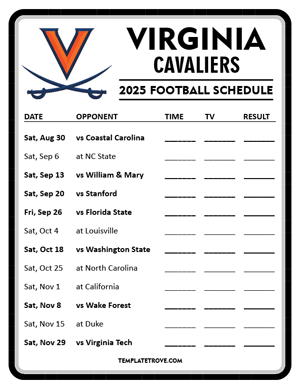 Virginia Cavaliers Football 2025
 Printable Schedule - Style 4