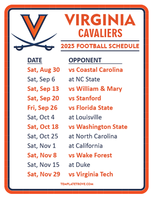 Virginia Cavaliers Football 2025
 Printable Schedule