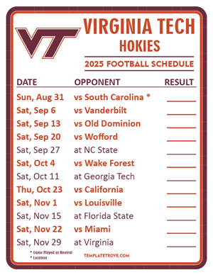 Virginia Tech Hokies Football 2025
 Printable Schedule  - Style 2