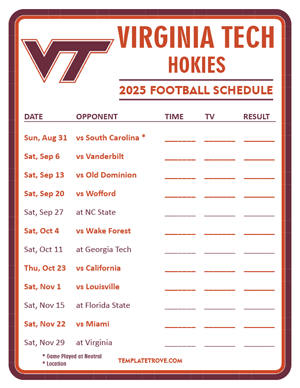 Virginia Tech Hokies Football 2025
 Printable Schedule - Style 3