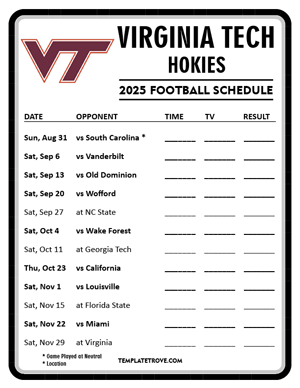 Virginia Tech Hokies Football 2025
 Printable Schedule - Style 4