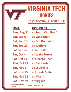Virginia Tech Hokies Football 2025
 Printable Schedule