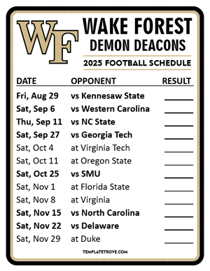 Wake Forest Demon Deacons Football 2025
 Printable Schedule  - Style 2