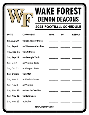 Wake Forest Demon Deacons Football 2025
 Printable Schedule - Style 4