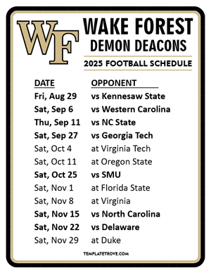 Wake Forest Demon Deacons Football 2025
 Printable Schedule