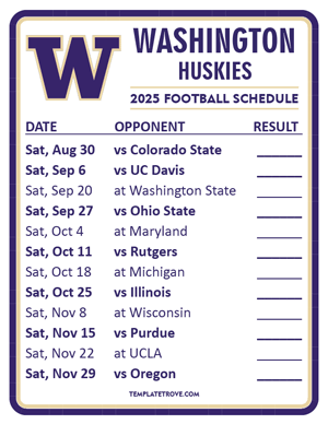 Washington Huskies Football 2025
 Printable Schedule  - Style 2