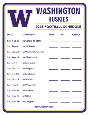 Washington Huskies Football 2025
 Printable Schedule - Style 3