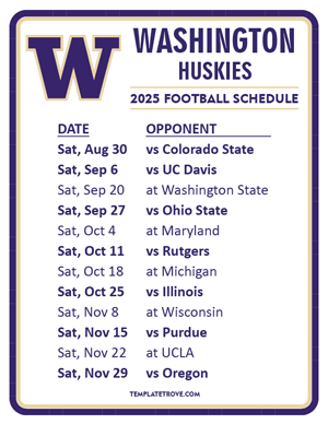 Washington Huskies Football 2025
 Printable Schedule