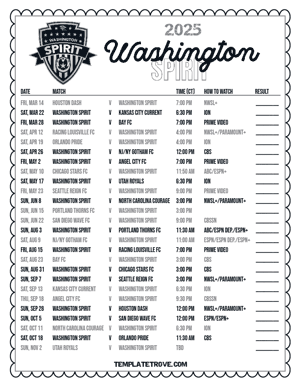 Washington Spirit 2025
 Printable Soccer Schedule - Central Times