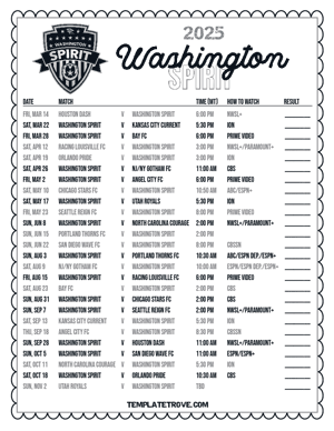 Washington Spirit 2025
 Printable Soccer Schedule - Mountain Times